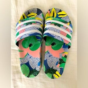 Adidas size 7.5 green and pink slides